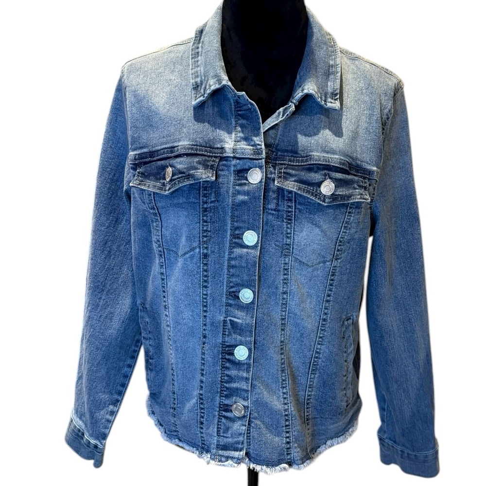 Angels Blue Denim Jean Jacket Distressed Stretch Frayed Hem XL Extra Large